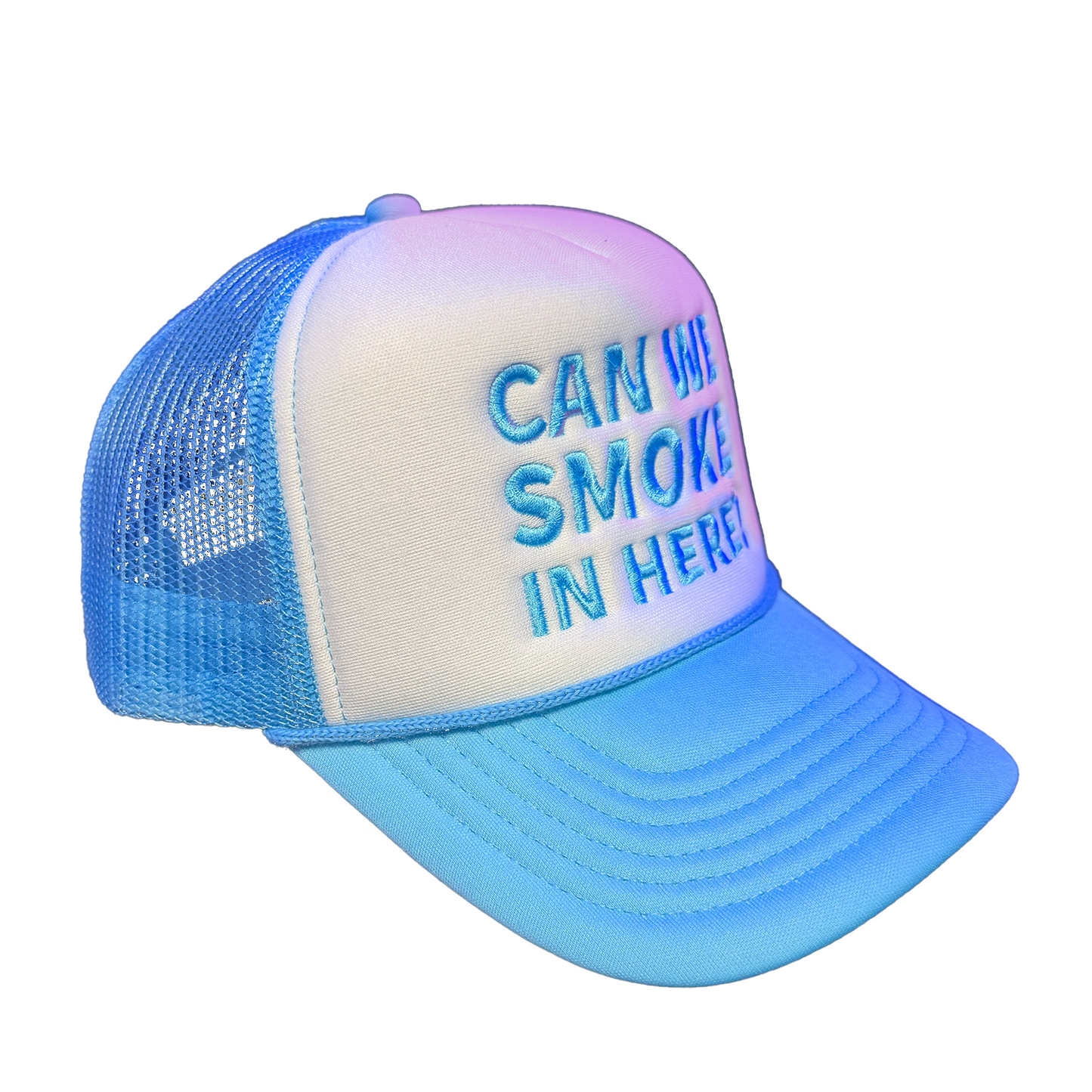 Can We Smoke In Here? Embroidered Trucker Hat in Blue