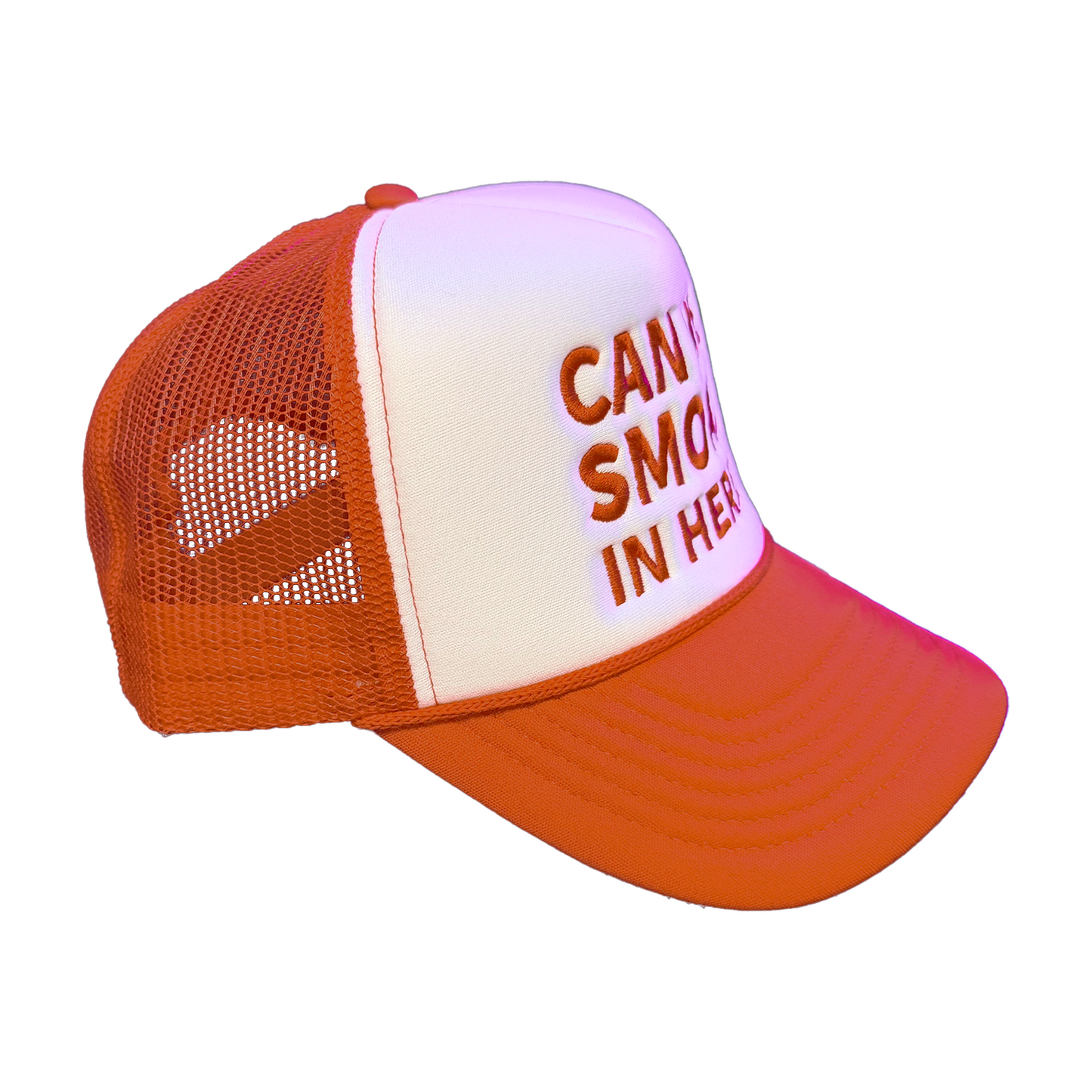 Can We Smoke In Here? Embroidered Trucker Hat in Red