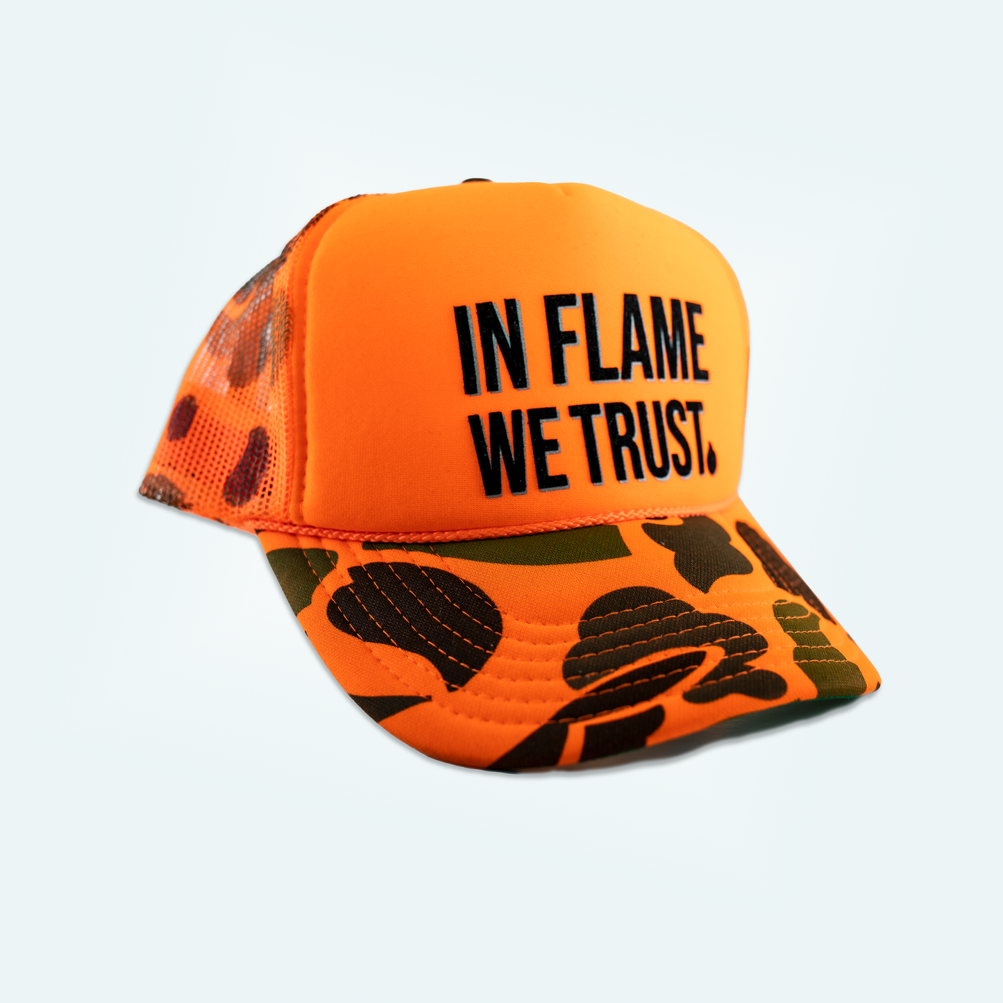 In Flame We Trust Camo Trucker Hat