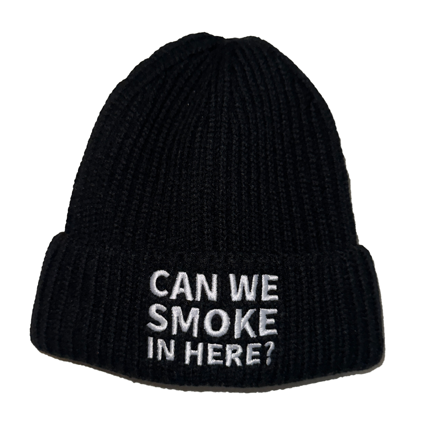 Can We Smoke In Here? Embroidered Beanie in Black