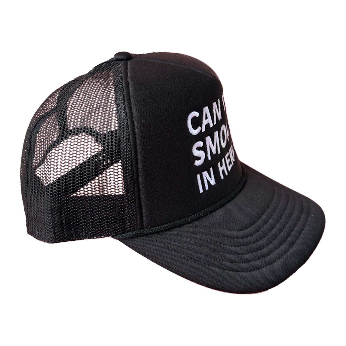 Can We Smoke In Here? Embroidered Trucker Hat in Black