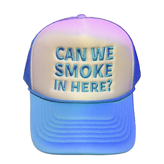 Can We Smoke In Here? Embroidered Trucker Hat in Blue