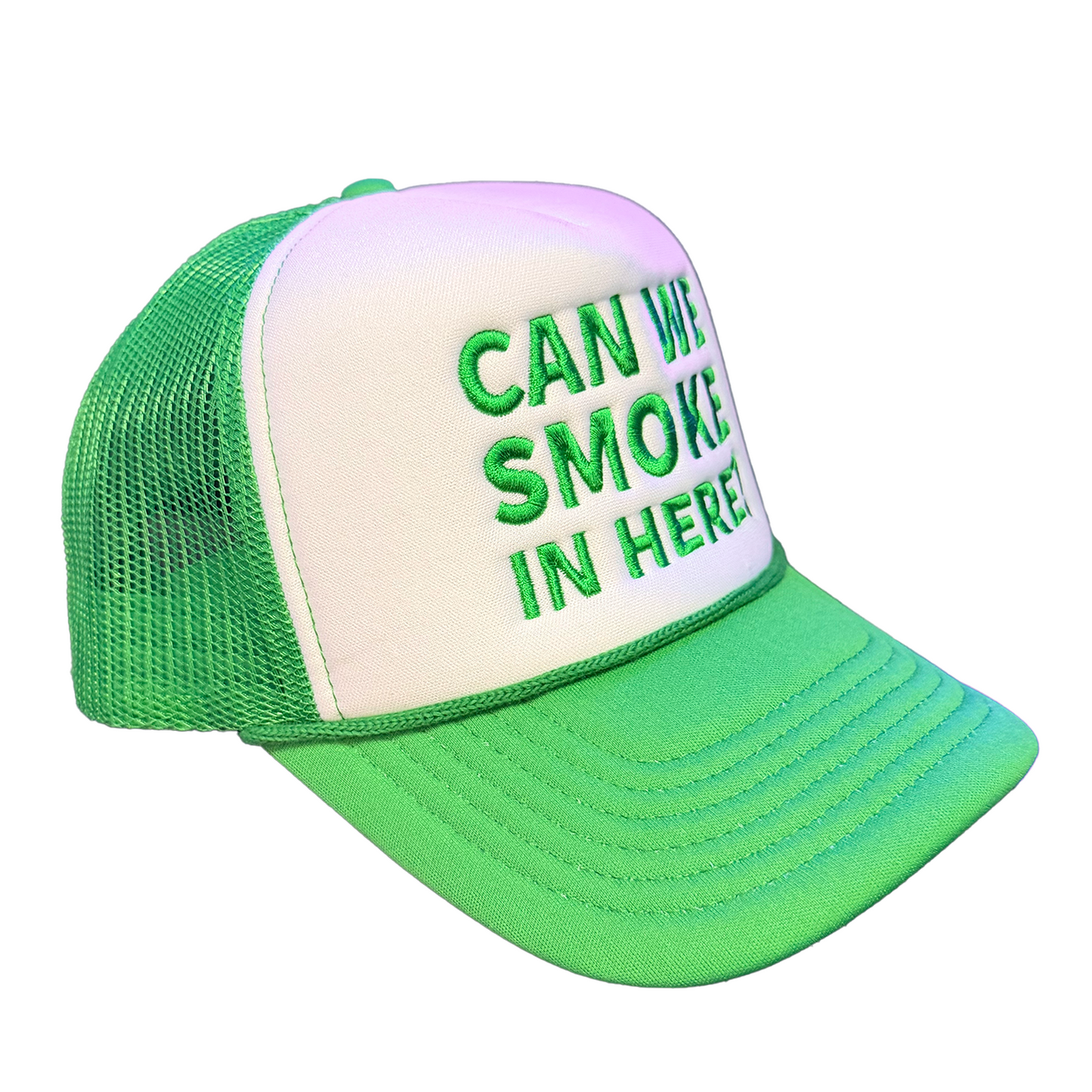 Can We Smoke In Here? Embroidered Trucker Hat in Green