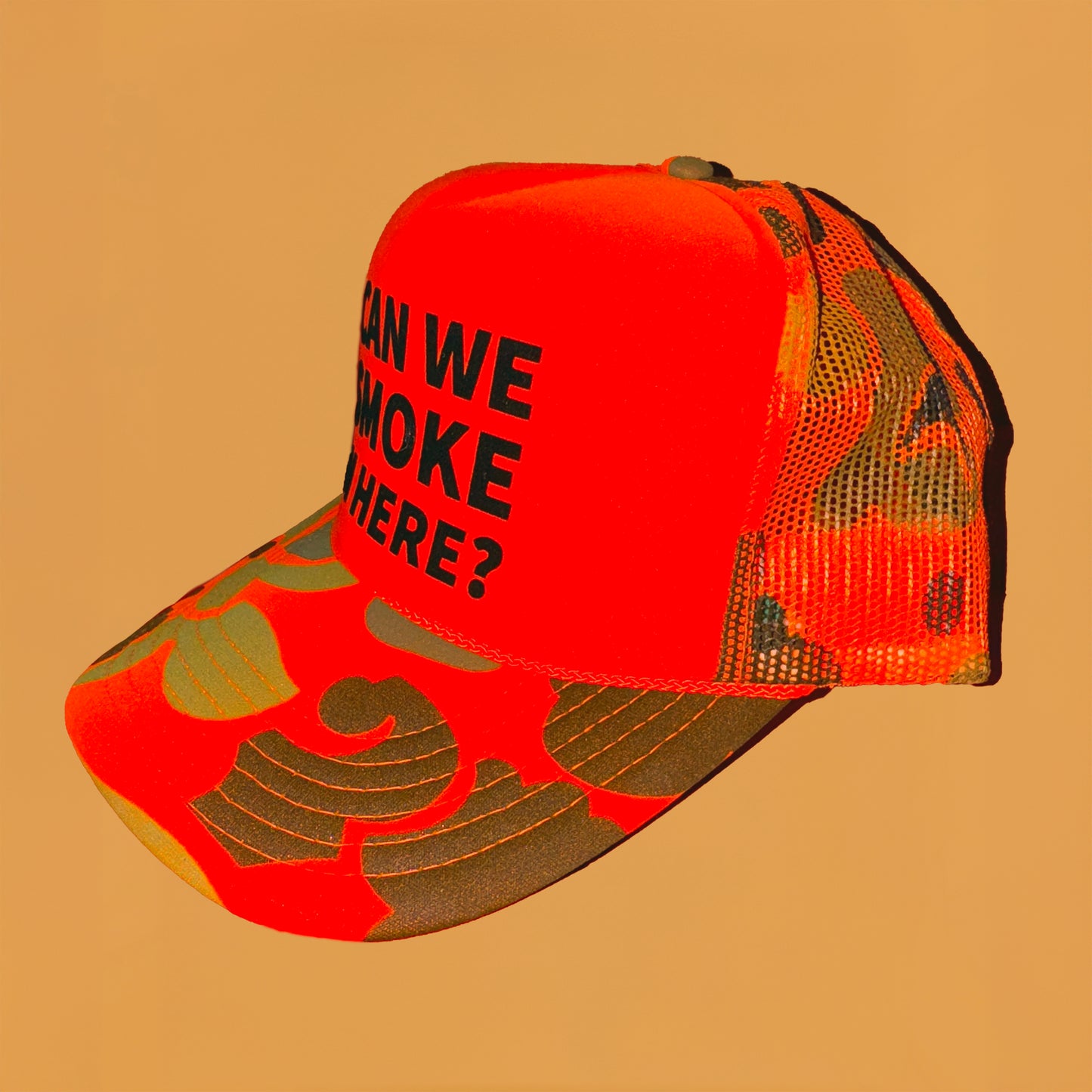 Can We Smoke In Here? Orange Camo Trucker Hat (Limited Edition)