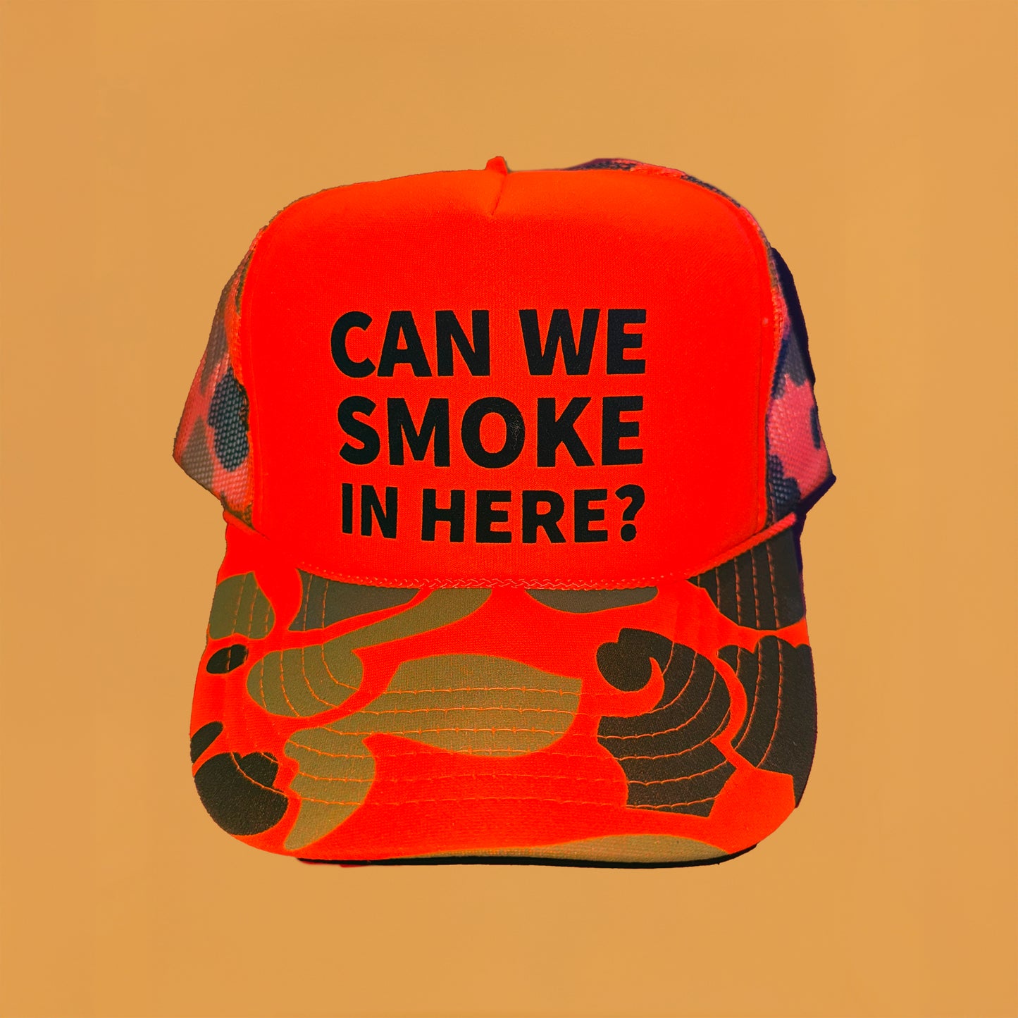 Can We Smoke In Here? Orange Camo Trucker Hat (Limited Edition)