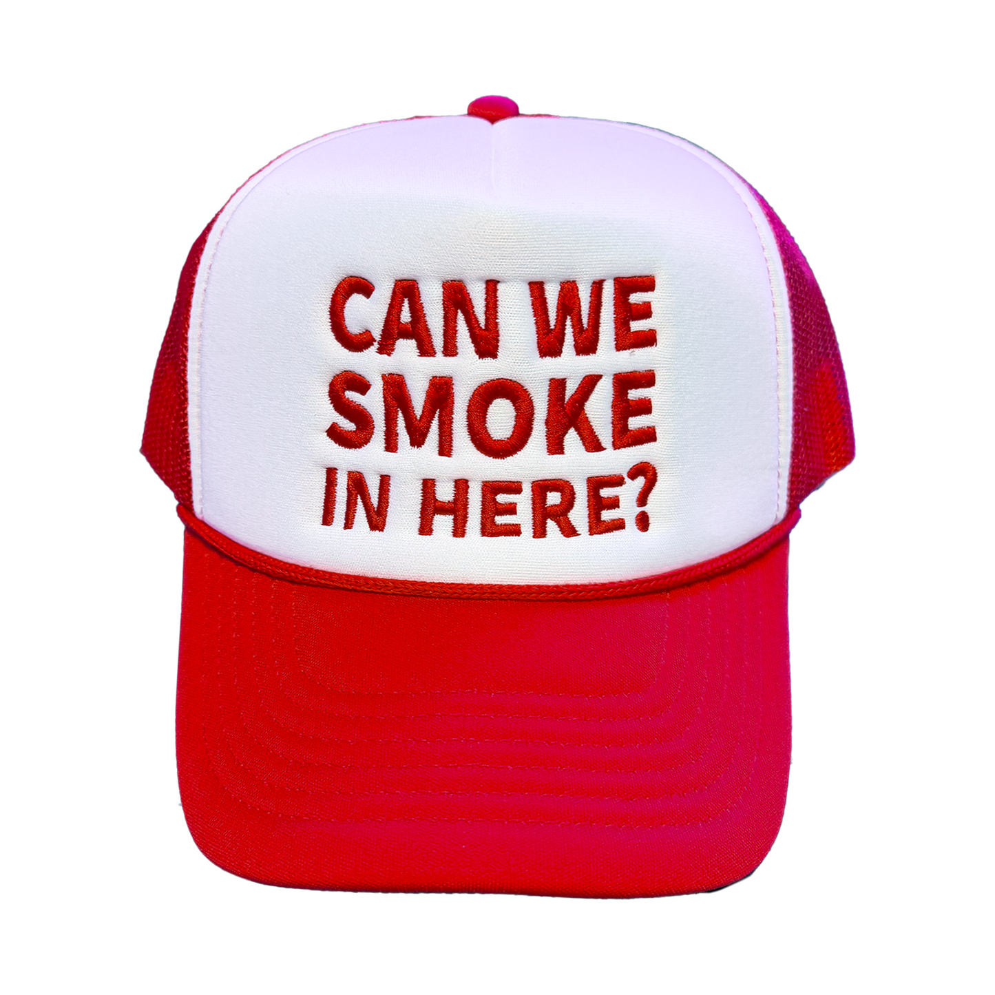 Can We Smoke In Here? Embroidered Trucker Hat in Red