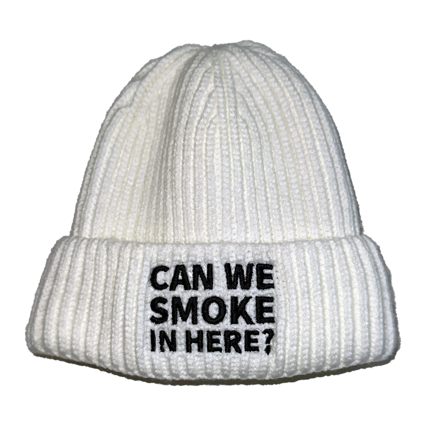 Can We Smoke In Here? Embroidered Beanie in White